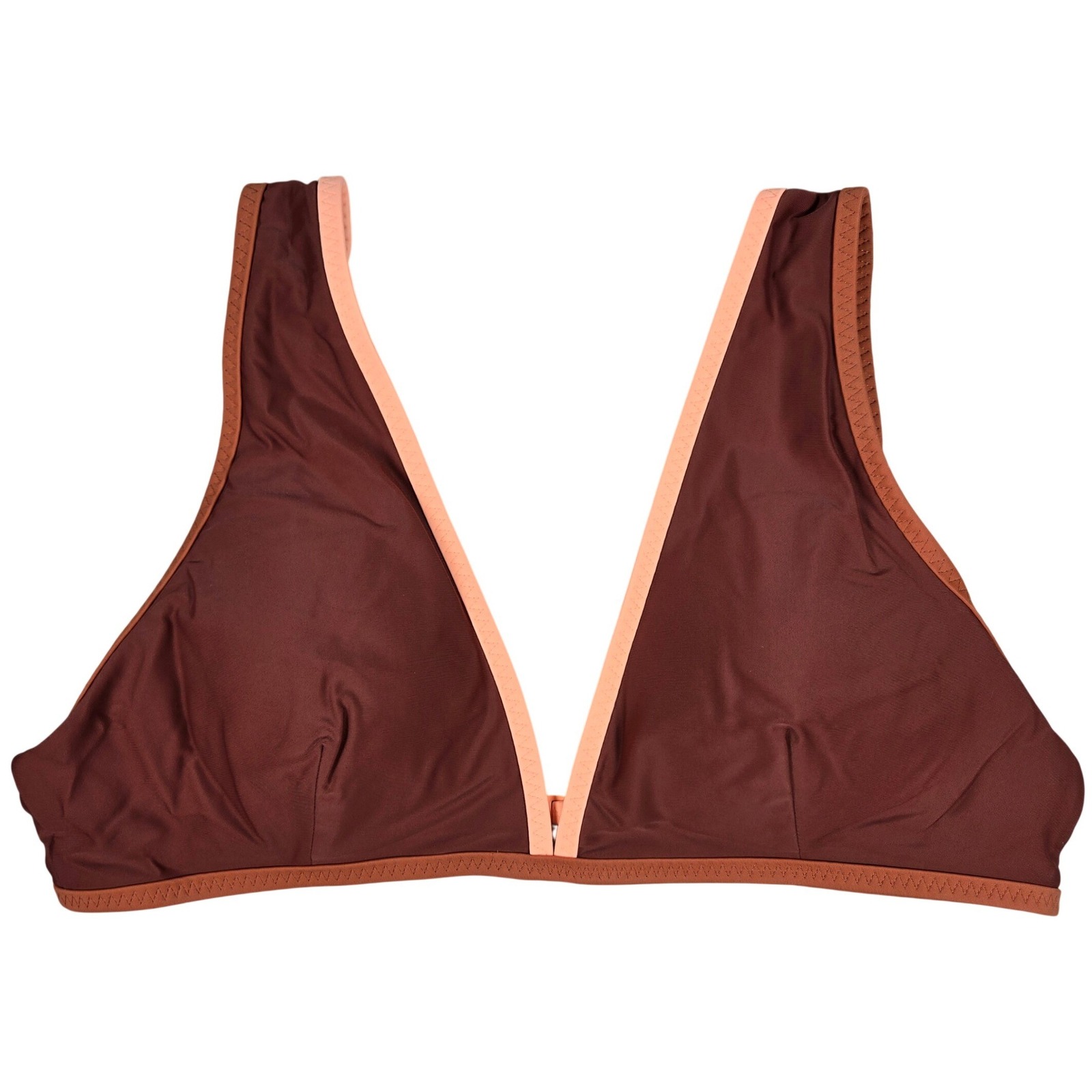 Aerie Scoop Bikini Top Brown Peach Trim V Neck Plunge Size Xl